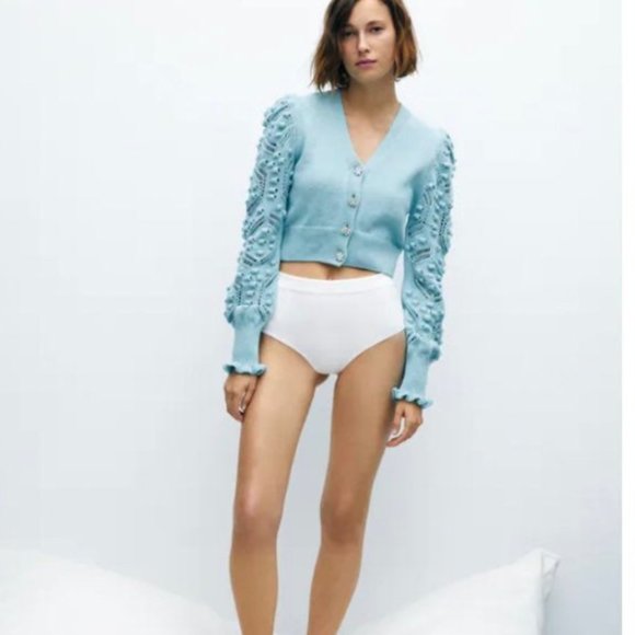 Zara Sweaters - ZARA KNIT CARDIGAN SWEATER WITH JEWELED BUTTONS AND POMPOMS